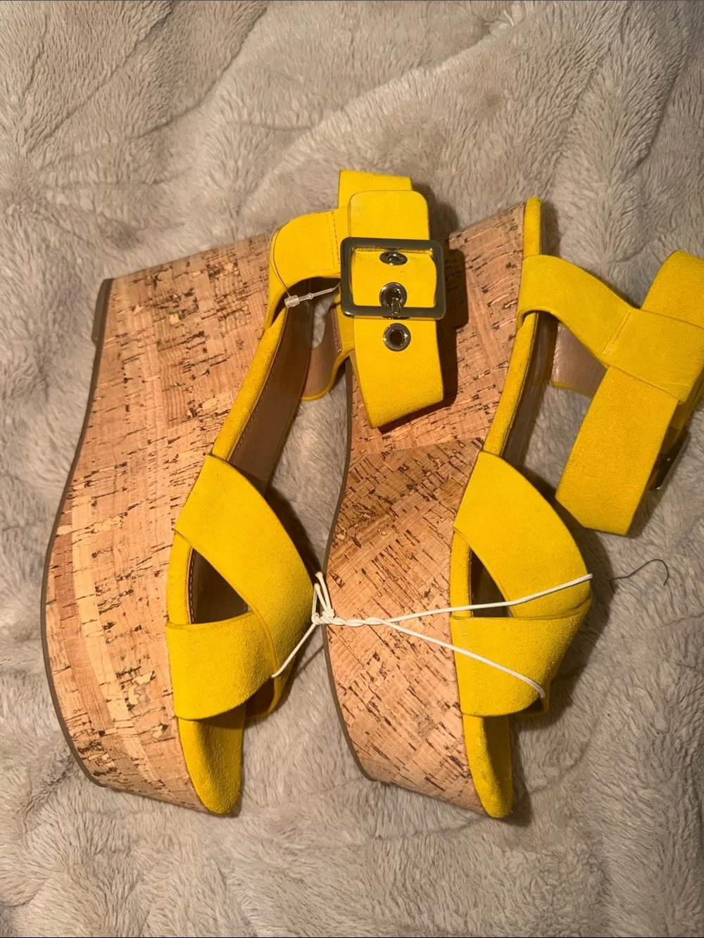 Marc Fisher Cacie Yellow Suede Crisscross Cork Wedge Platform Sandals 8 NWOT